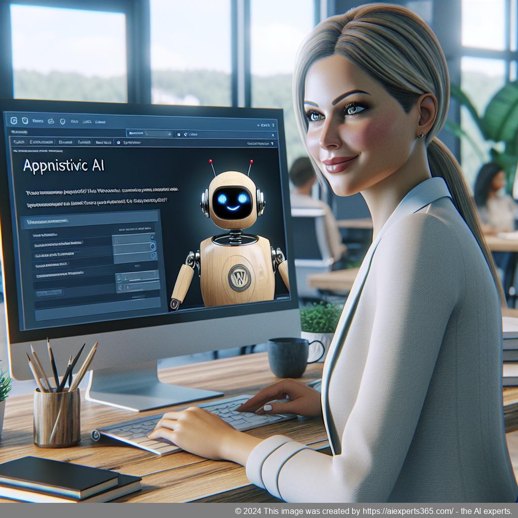 An illustration depicting a professional-looking German woman interacting with a computer screen displaying a WordPress chatbot interface.