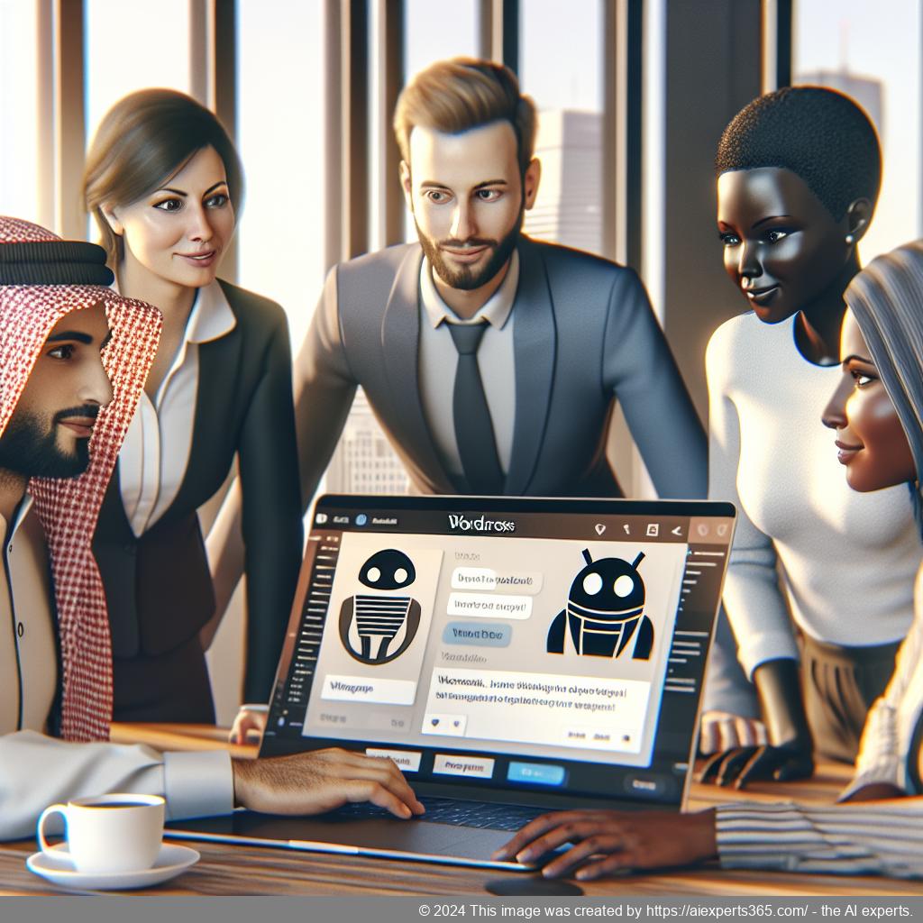A professional setting showcasing a WordPress ChatGPT chatbot interface on a laptop screen with engaged users interacting in an office environment.