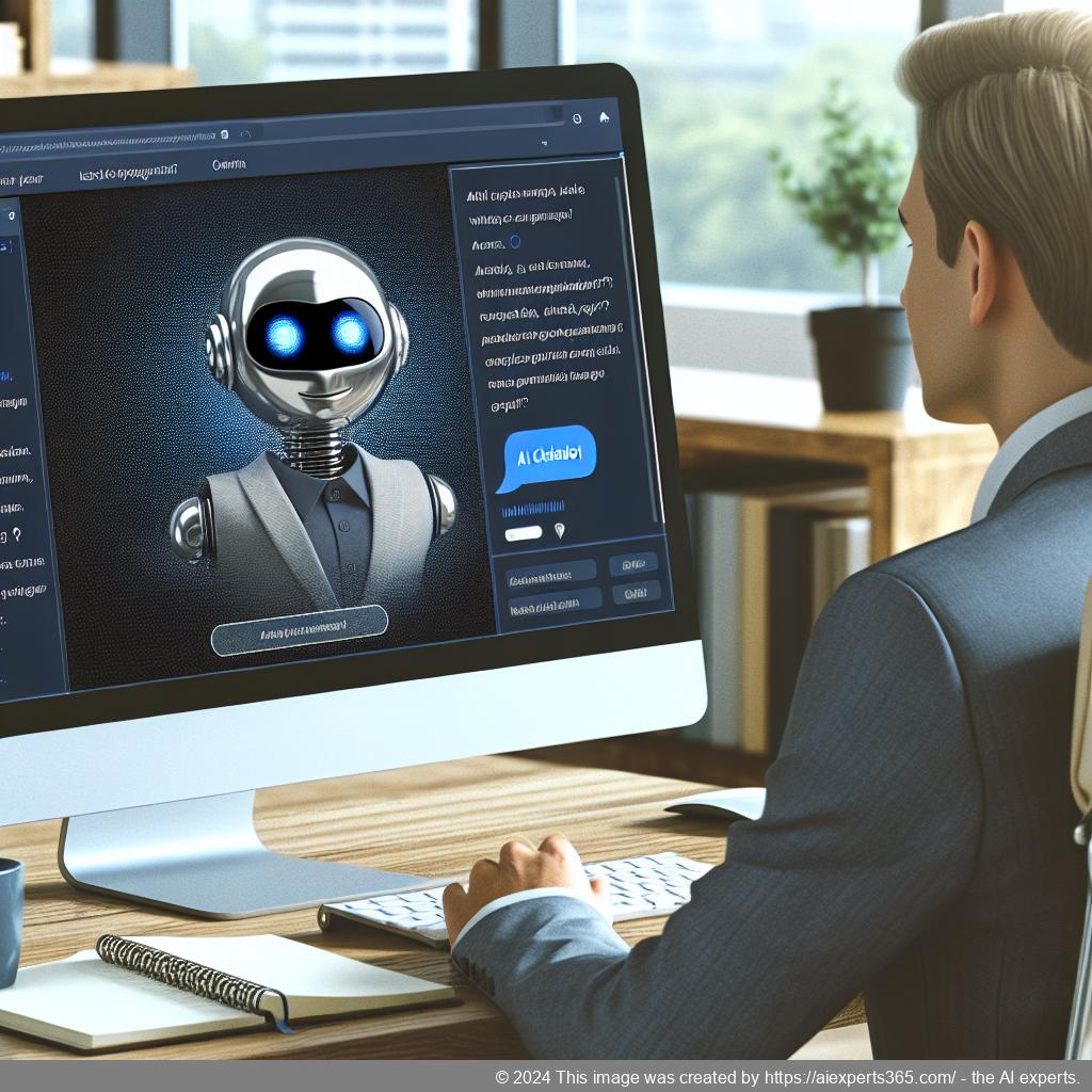 A visual representation of a professional setting showcasing a person interacting with a computer displaying a WordPress site integrated with an AI ChatGPT chatbot.