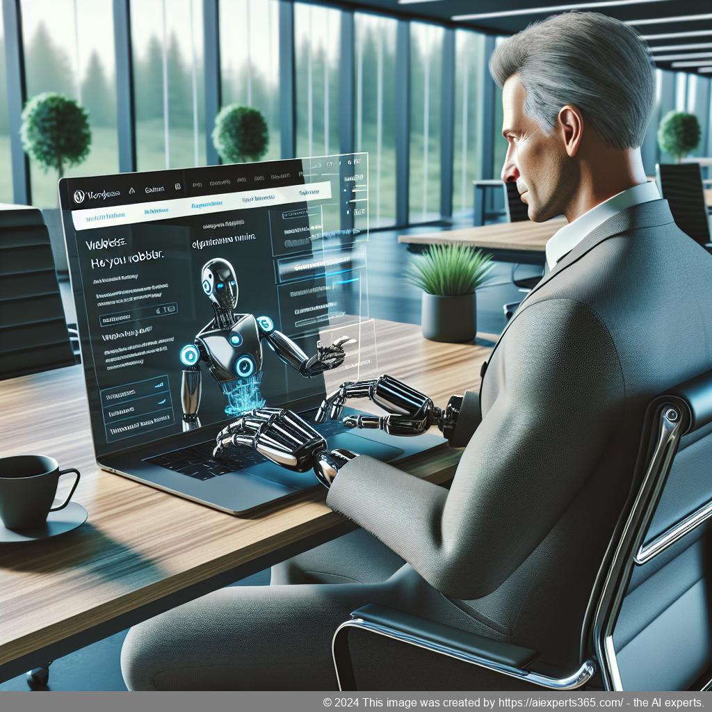 A professional-looking German business person interacting with a laptop displaying a WordPress site integrated with a ChatGPT chatbot.