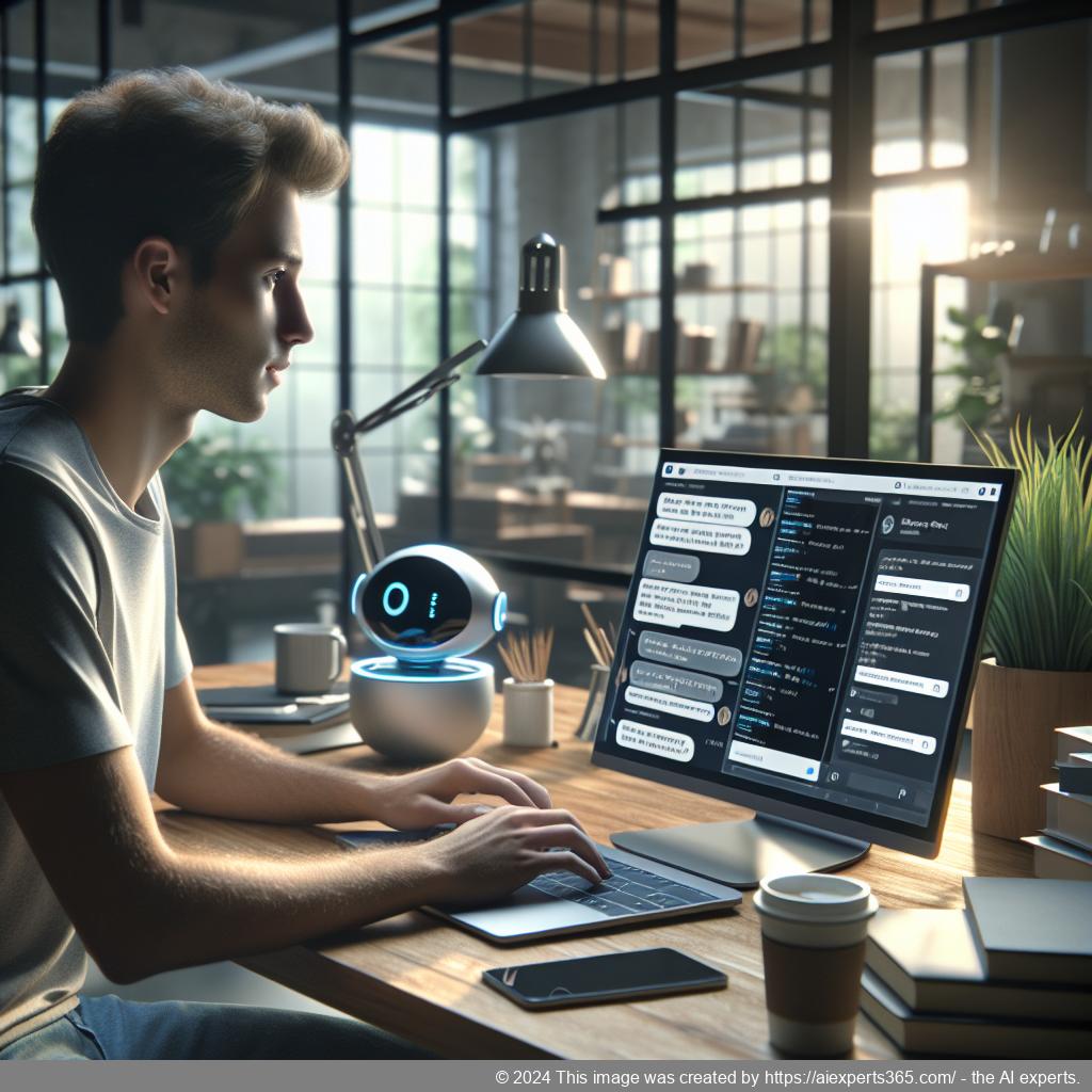 A professional setting showcasing a person interacting with a WordPress ChatGPT chatbot on a laptop, emphasizing enhanced customer engagement.