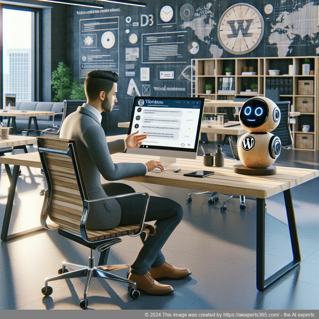 A professional setting showing a person interacting with a WordPress ChatGPT chatbot on a laptop, symbolizing enhanced customer engagement through AI technology.