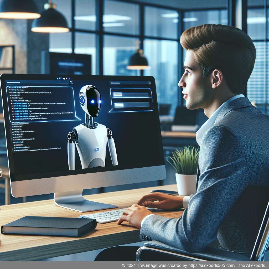 A professional setting showcasing a person interacting with a computer displaying the WordPress ChatGPT chatbot interface.