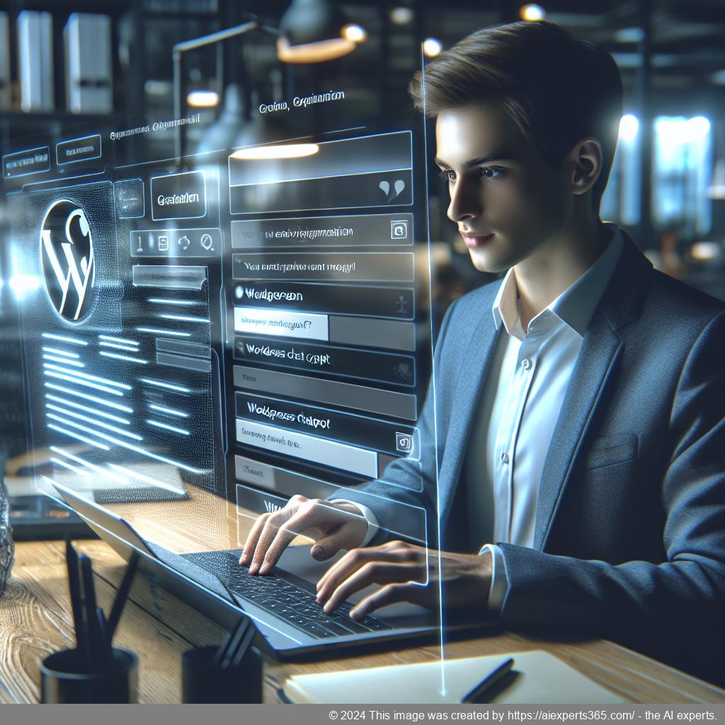 A professional setting showcasing a person interacting with a computer displaying the WordPress ChatGPT Chatbot Plugin interface.