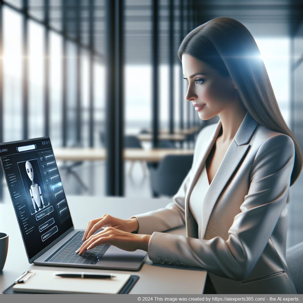 A visual representation of a business professional interacting with an AI chatbot interface on a computer screen showcasing the WordPress ChatGPT Chatbot Plugin.