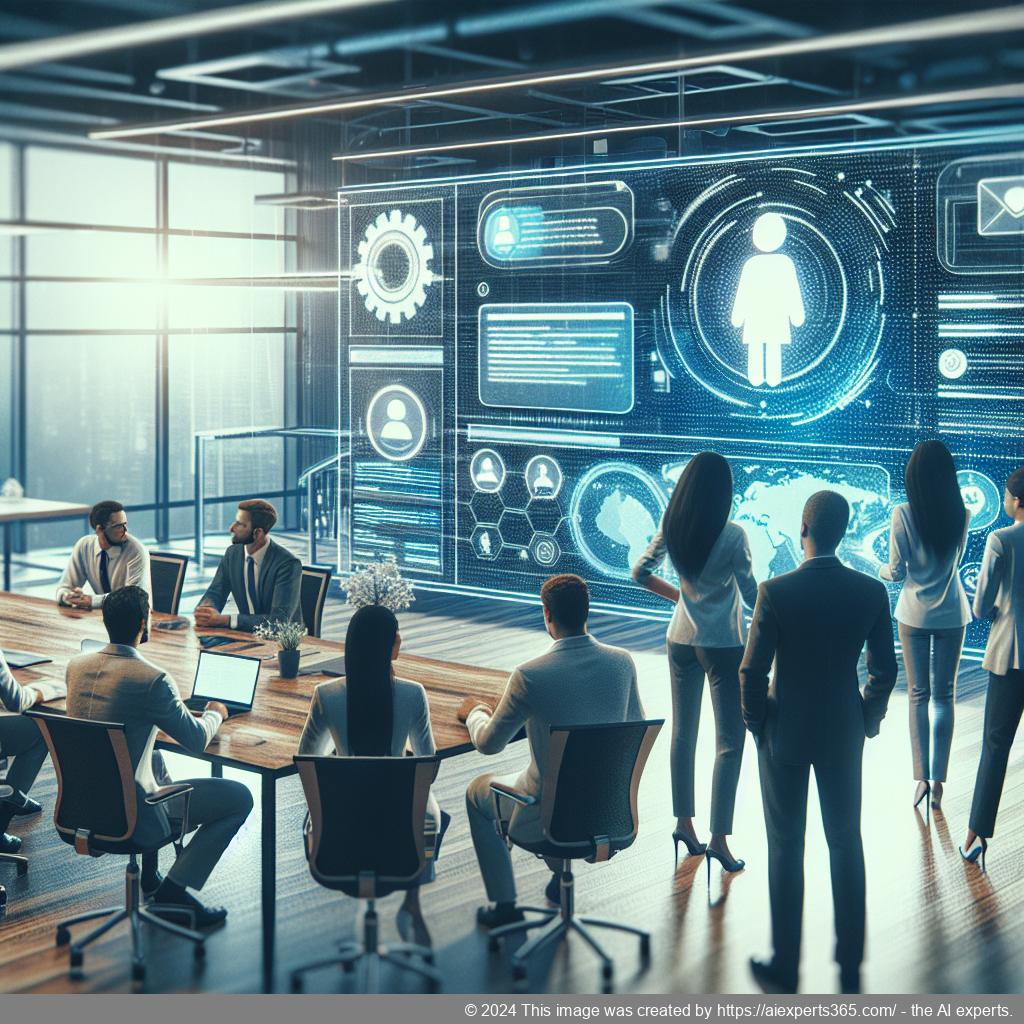 A professional setting showcasing a diverse team collaborating around a computer screen displaying the WordPress ChatGPT Chatbot Plugin interface.