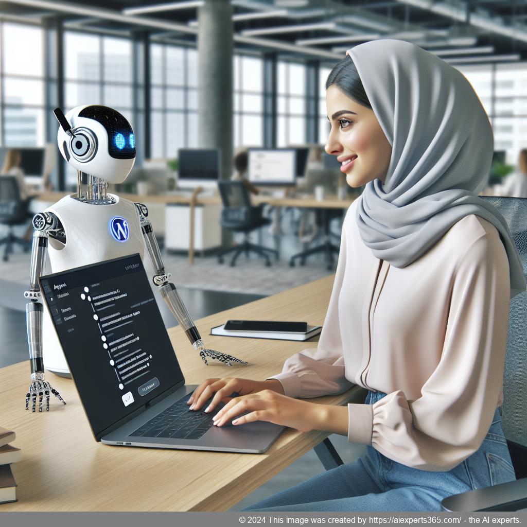 A professional setting showcasing a person interacting with a computer displaying a chatbot interface powered by artificial intelligence on a WordPress site.