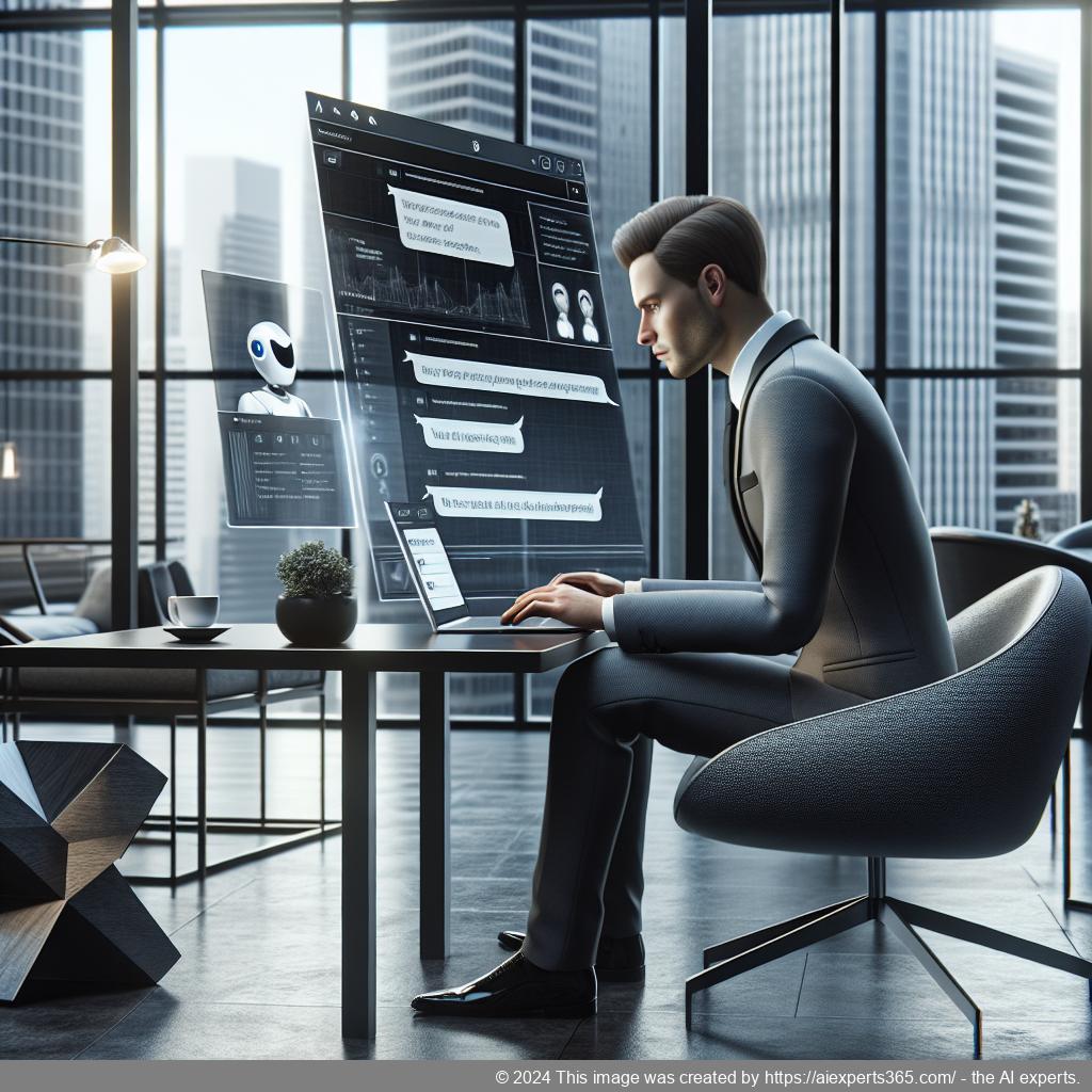 A visual representation of a business professional interacting with an AI chatbot on a laptop screen showcasing the WordPress ChatGPT chatbot plugin.