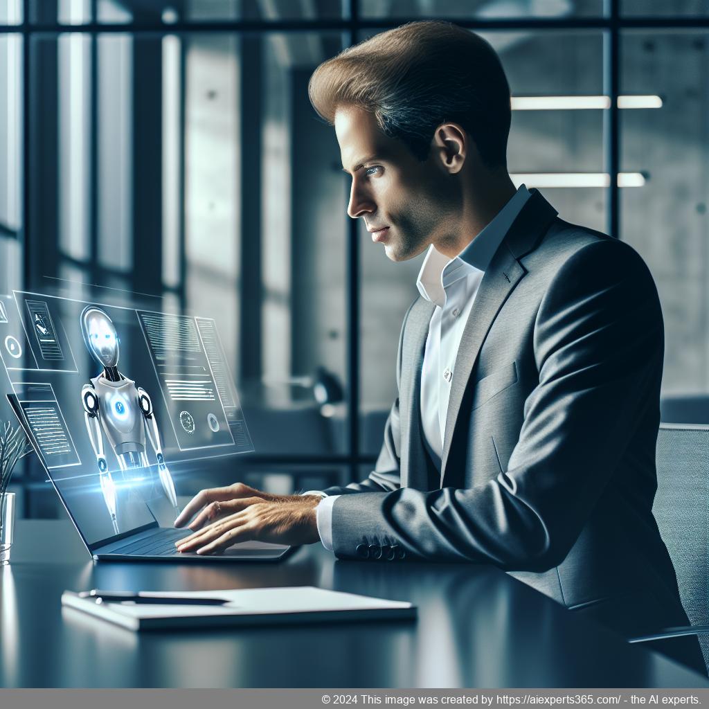 A visual representation of a business professional interacting with a chatbot interface on a laptop screen showcasing the WordPress ChatGPT Chatbot Plugin.