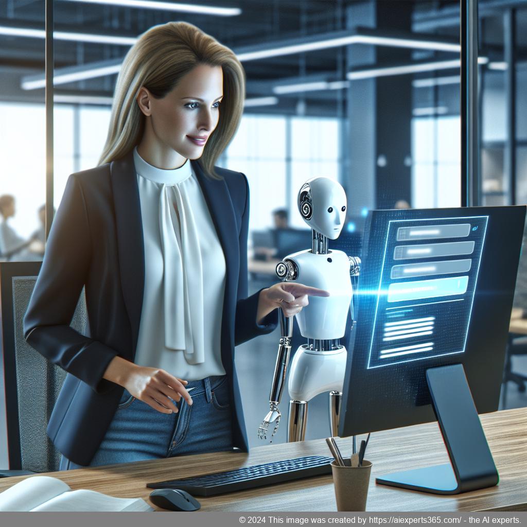 A professional woman interacting with a computer displaying a chatbot interface, symbolizing enhanced customer engagement through technology.