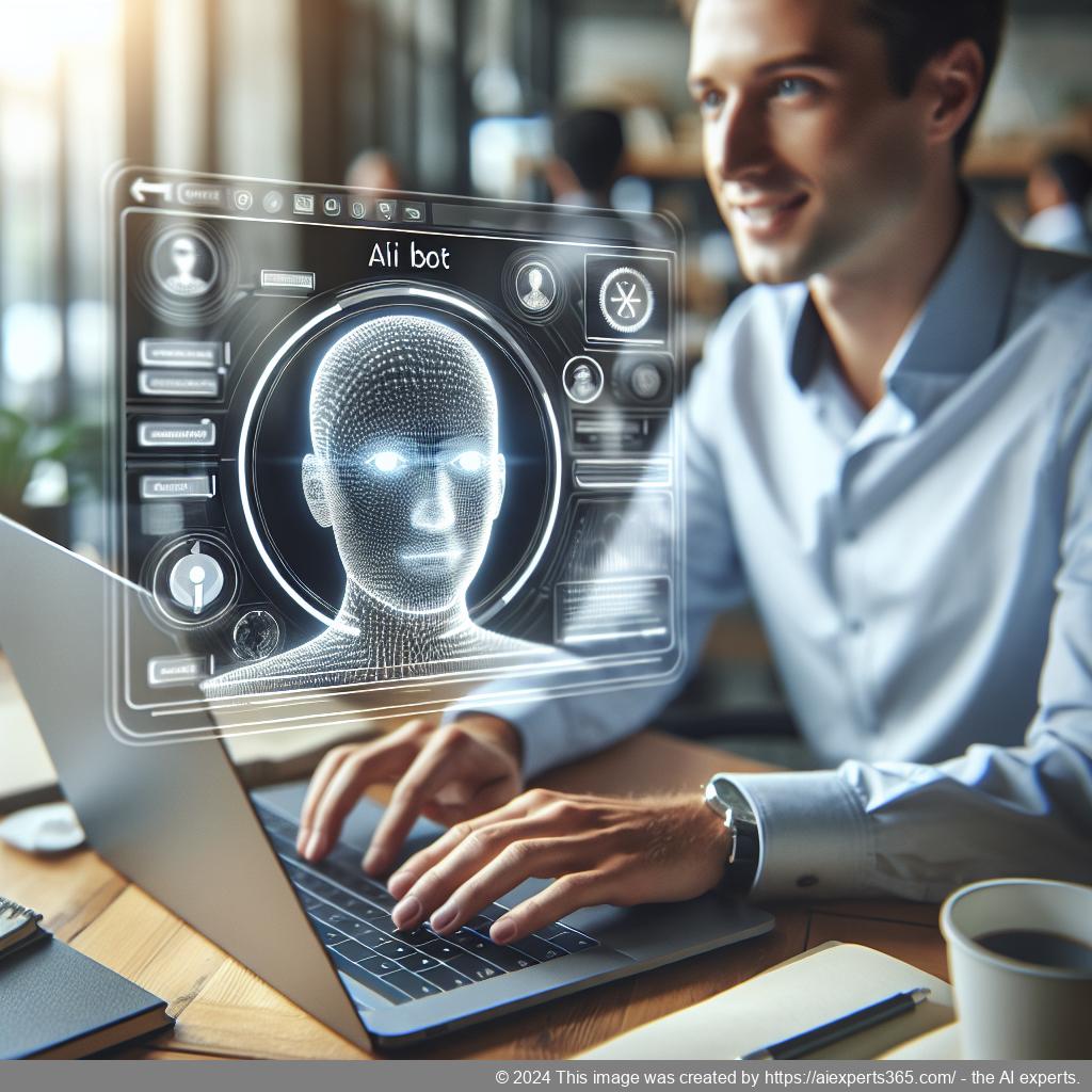 A visual representation of a user interacting with a friendly AI-powered chatbot interface on a laptop screen.