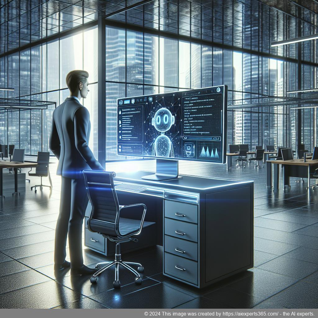 A professional setting showcasing a person interacting with a computer displaying a chatbot interface, symbolizing enhanced customer engagement through technology.