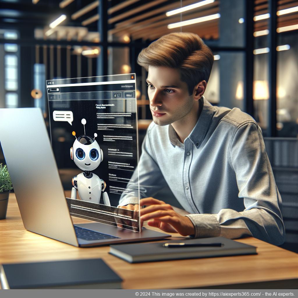 A professional setting showcasing a person interacting with a computer displaying a chatbot interface on a WordPress website.
