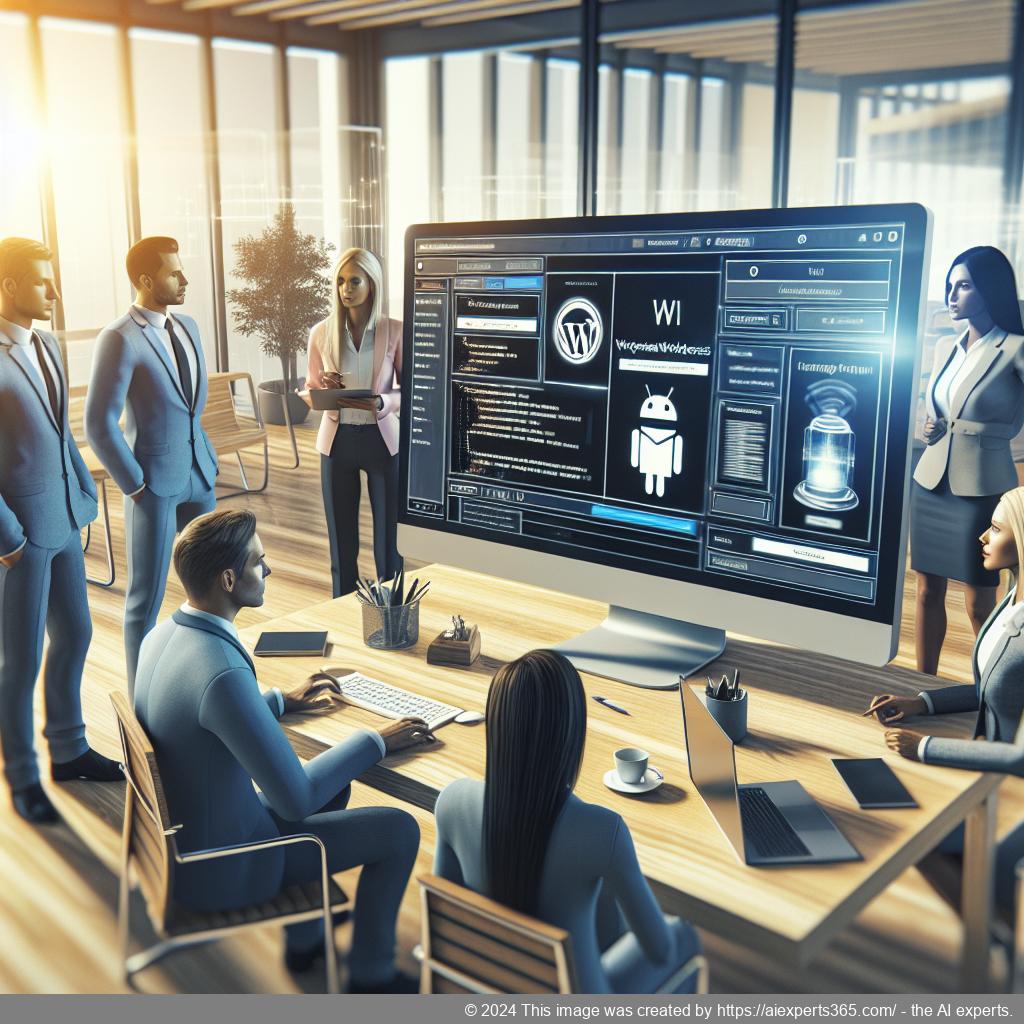 A professional setting showcasing a diverse team collaborating around a computer screen displaying a WordPress dashboard with an AI chatbot interface.