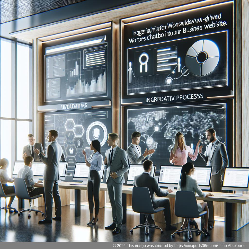 A professional setting showcasing a diverse team collaborating on integrating an AI-powered WordPress chatbot into their website for enhanced customer engagement.