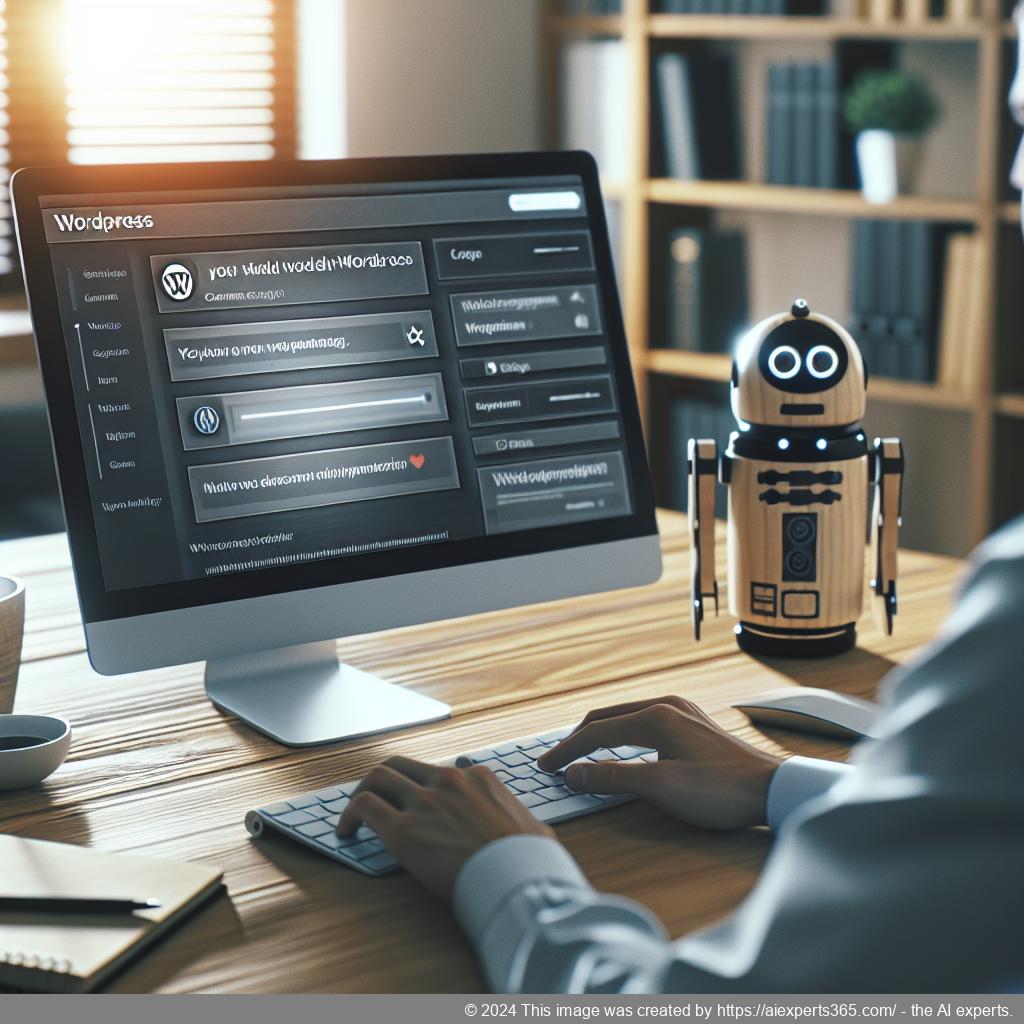 A professional setting showcasing a person interacting with an AI-driven WordPress chatbot on their laptop, emphasizing enhanced customer engagement.