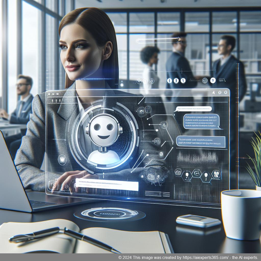 A professional woman interacting with a computer displaying a chatbot interface on a WordPress website.