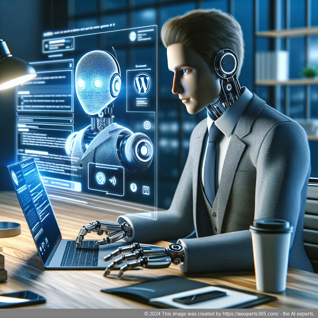 A professional looking at a computer screen displaying a chatbot interface on a WordPress website.