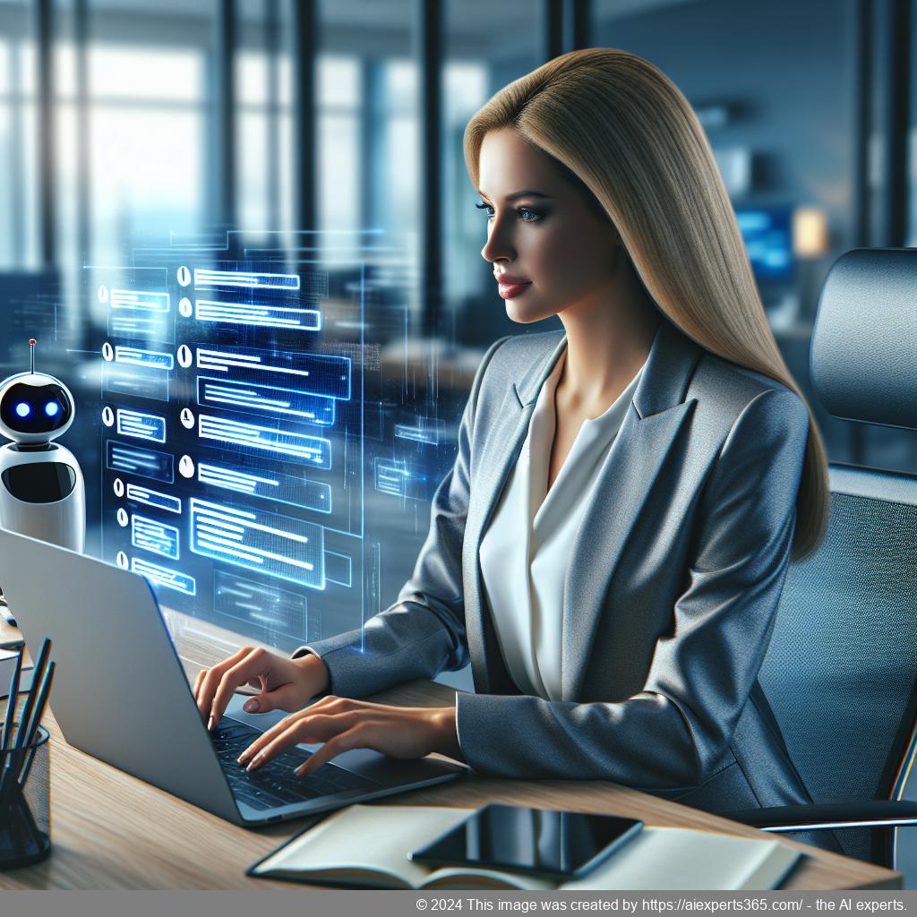 A professional-looking German businesswoman interacting with a digital interface displaying chatbot conversations on her laptop screen.