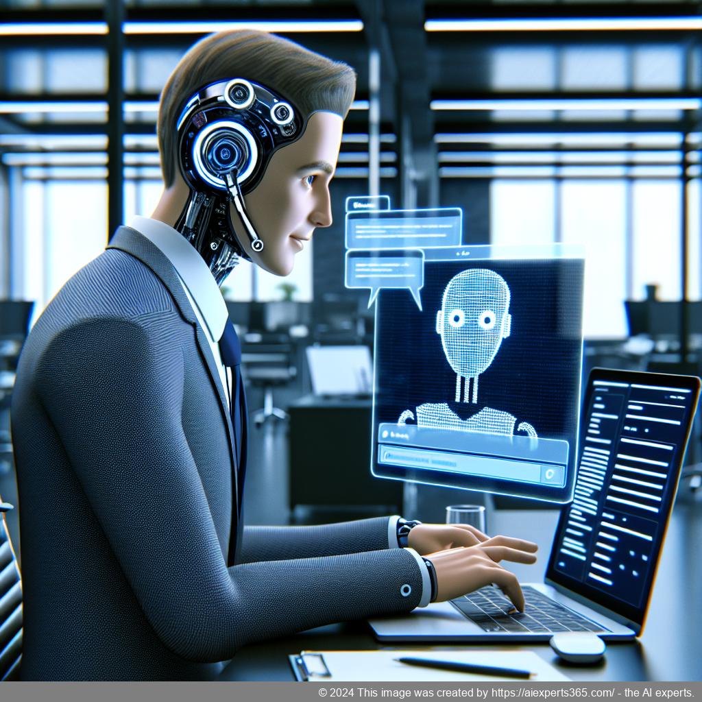 A professional setting showcasing a person interacting with a WordPress chatbot on a computer screen, highlighting modern technology in customer service.