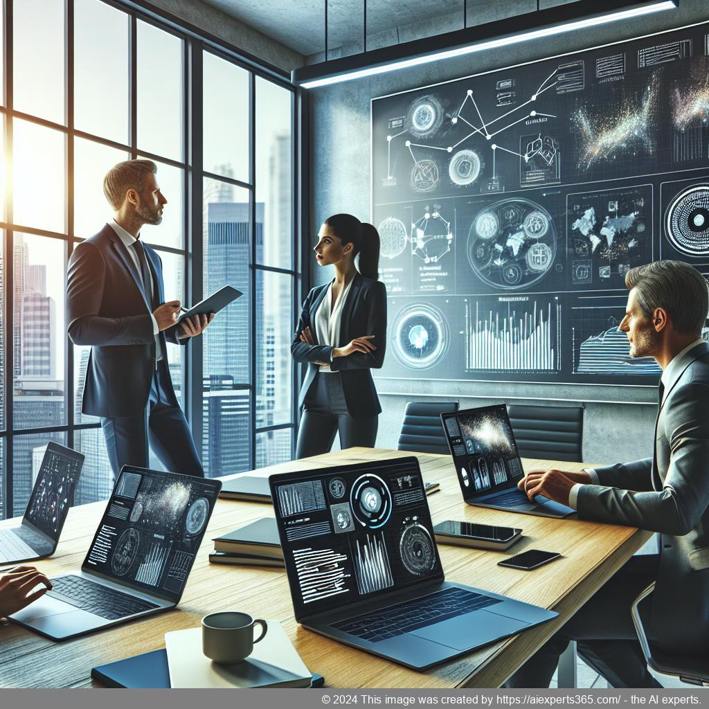 A modern office setting showcasing a diverse team discussing strategies for implementing a WordPress chatbot solution.