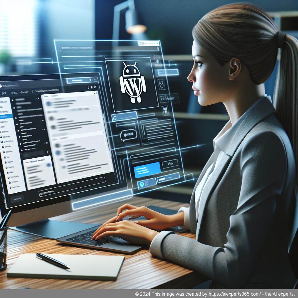 A professional setting showcasing a person interacting with a WordPress chatbot interface on a laptop.