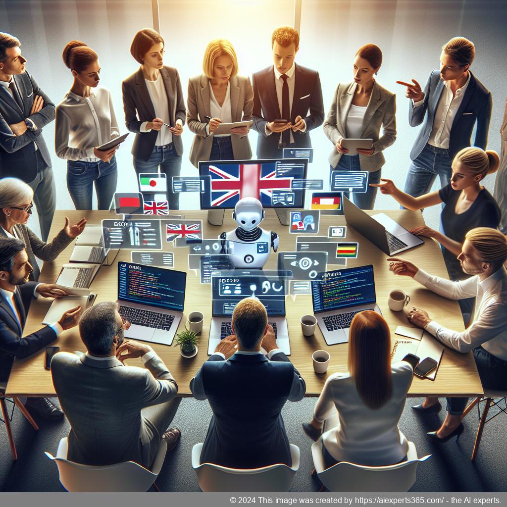 A visual representation of a diverse team collaborating using a multi-department chatbot for enhanced business communication.