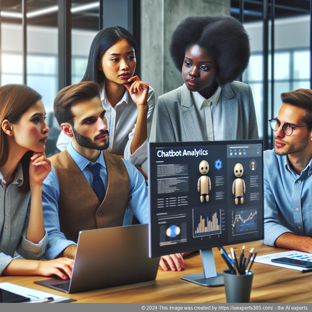 A visual representation of a diverse team collaborating around a computer screen displaying chatbot analytics in an office setting.