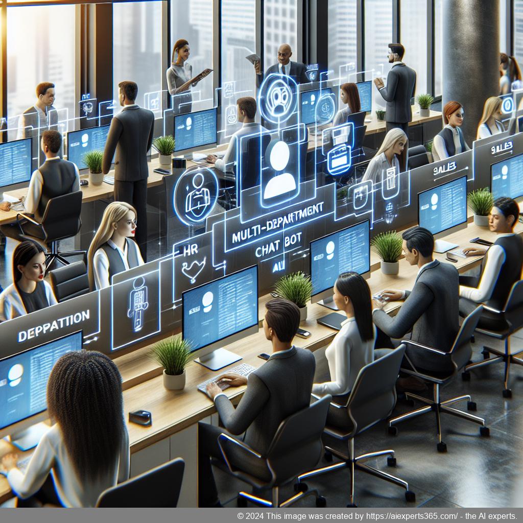 A visual representation of a multi-department chatbot enhancing employee productivity through streamlined communication.