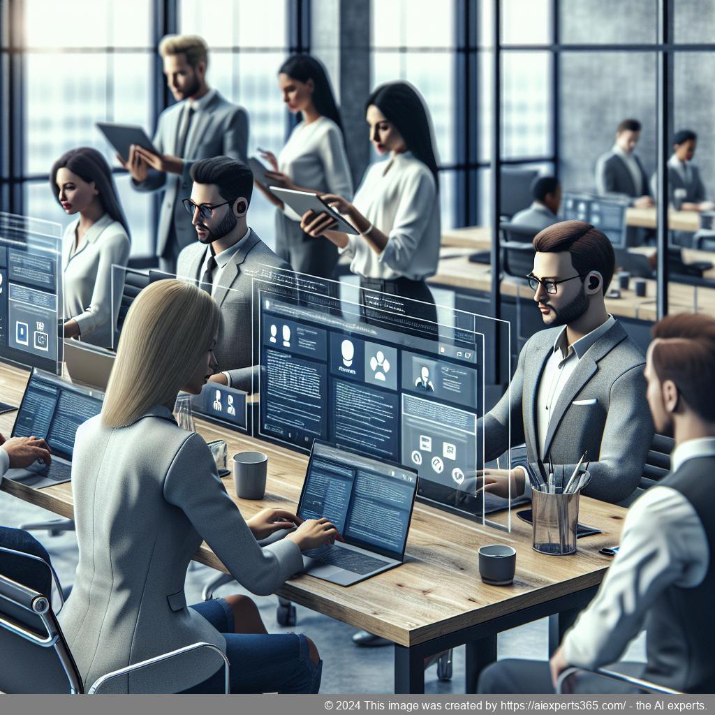 A visual representation of an office setting where diverse professionals are interacting with a multi-department chatbot interface on their devices.