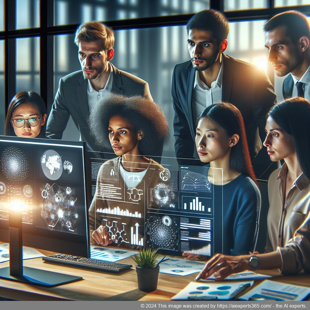 A diverse group of professionals collaborating around a computer screen while discussing the implementation of a multi-department chatbot.