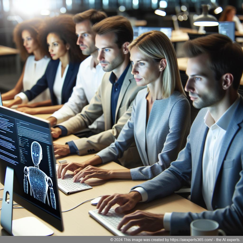 A visual representation of a diverse team collaborating through an AI-powered multi-department chatbot interface.