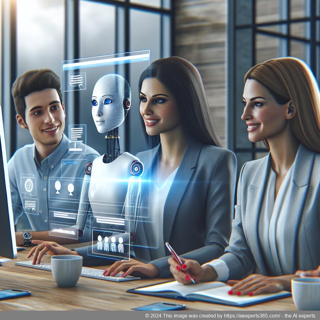 A visual representation of a multi-department chatbot assisting customers with various inquiries in a modern office setting.