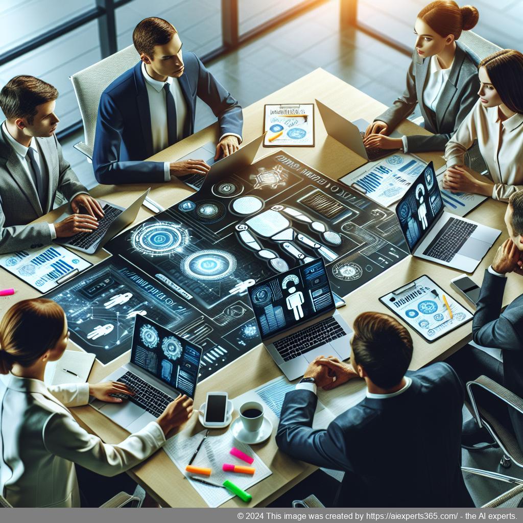 A team of professionals discussing strategies for implementing a multi-department chatbot in an office setting.