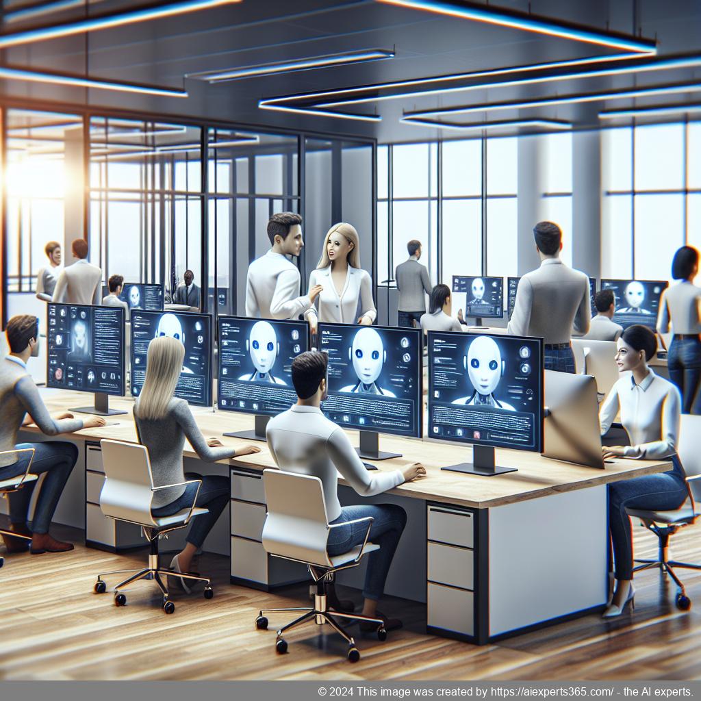 A modern office environment showcasing diverse employees collaborating around a computer using a multi-department chatbot interface.