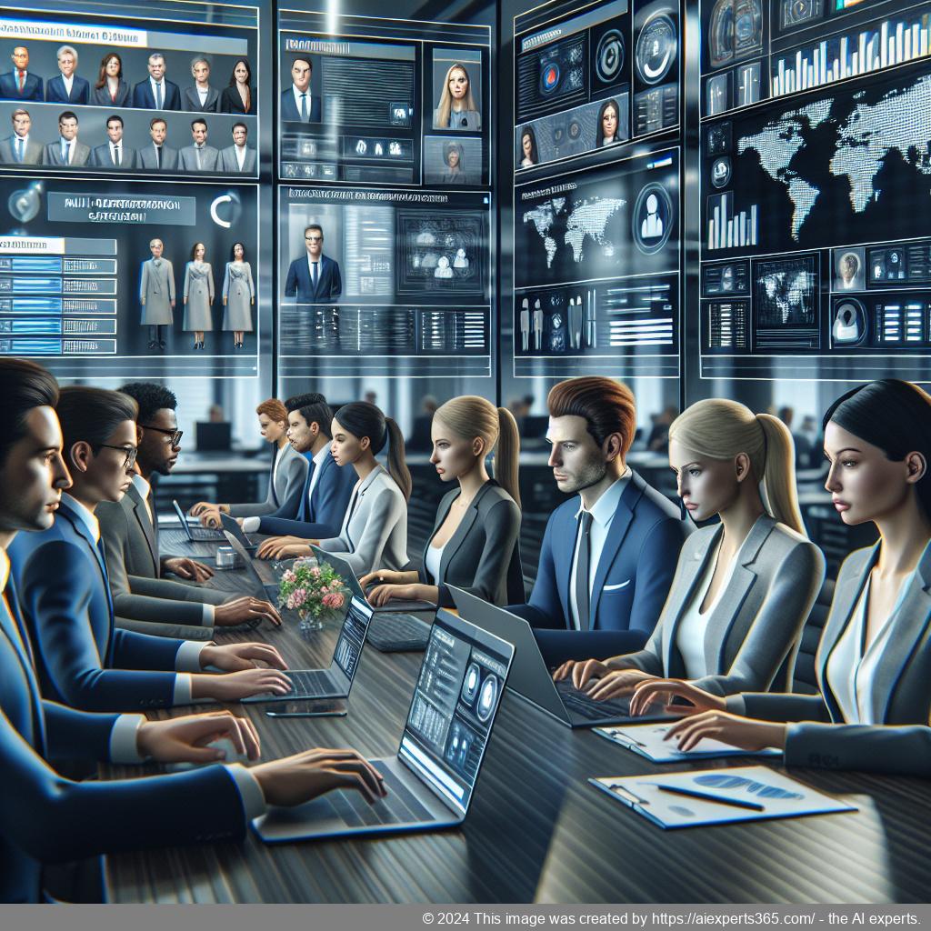 A professional setting showcasing diverse team members collaborating over digital devices while utilizing a multi-department chatbot for enhanced communication.