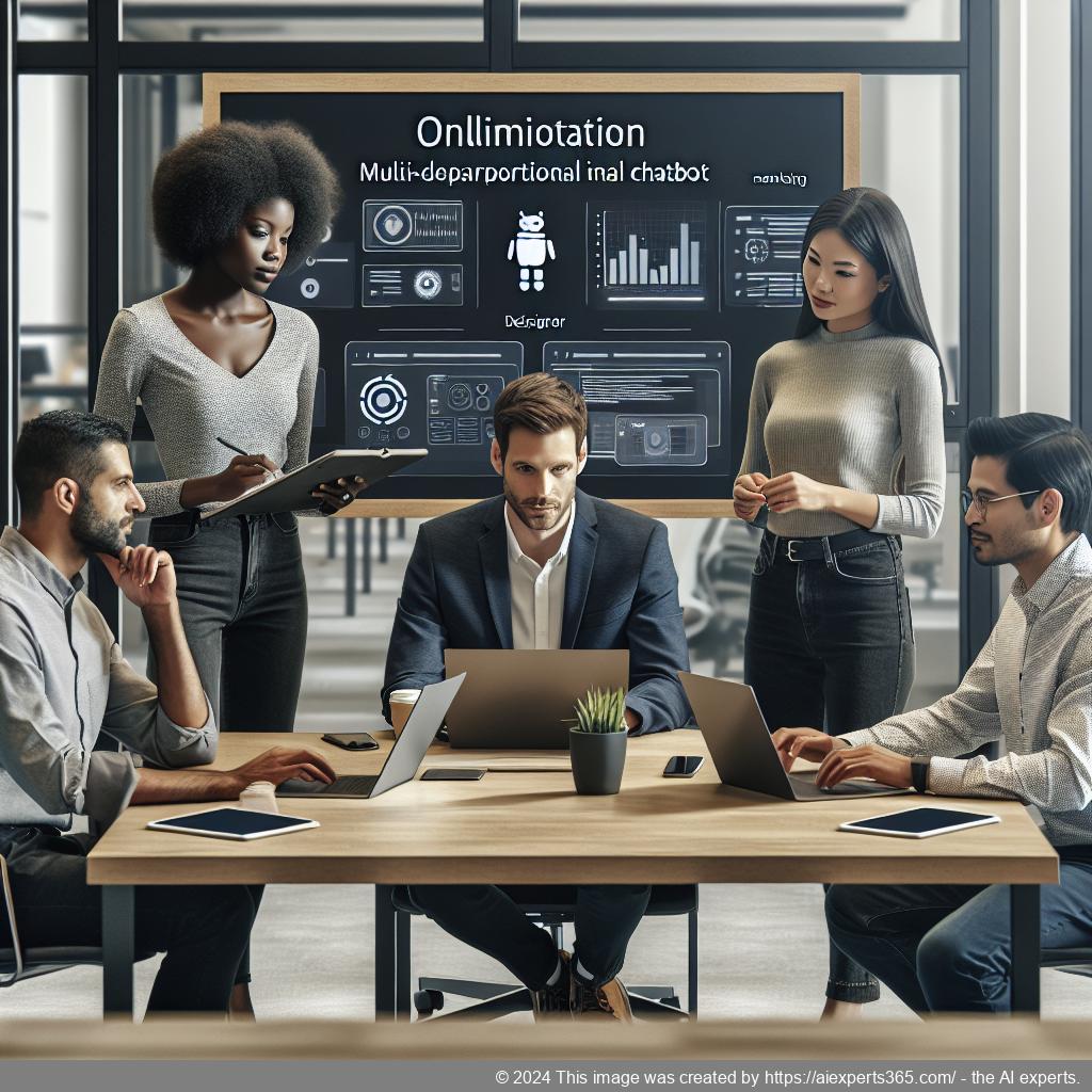 A professional setting showcasing a team discussing strategies for customizing their multi-department chatbot.