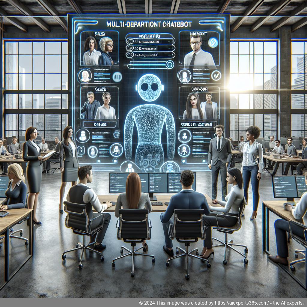 A visual representation of a multi-department chatbot assisting customers through various business functions like sales, support, and marketing.