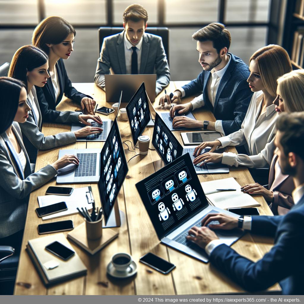 A visual representation of a diverse team collaborating over technology tools like chatbots in an office setting focused on enhancing business communication.