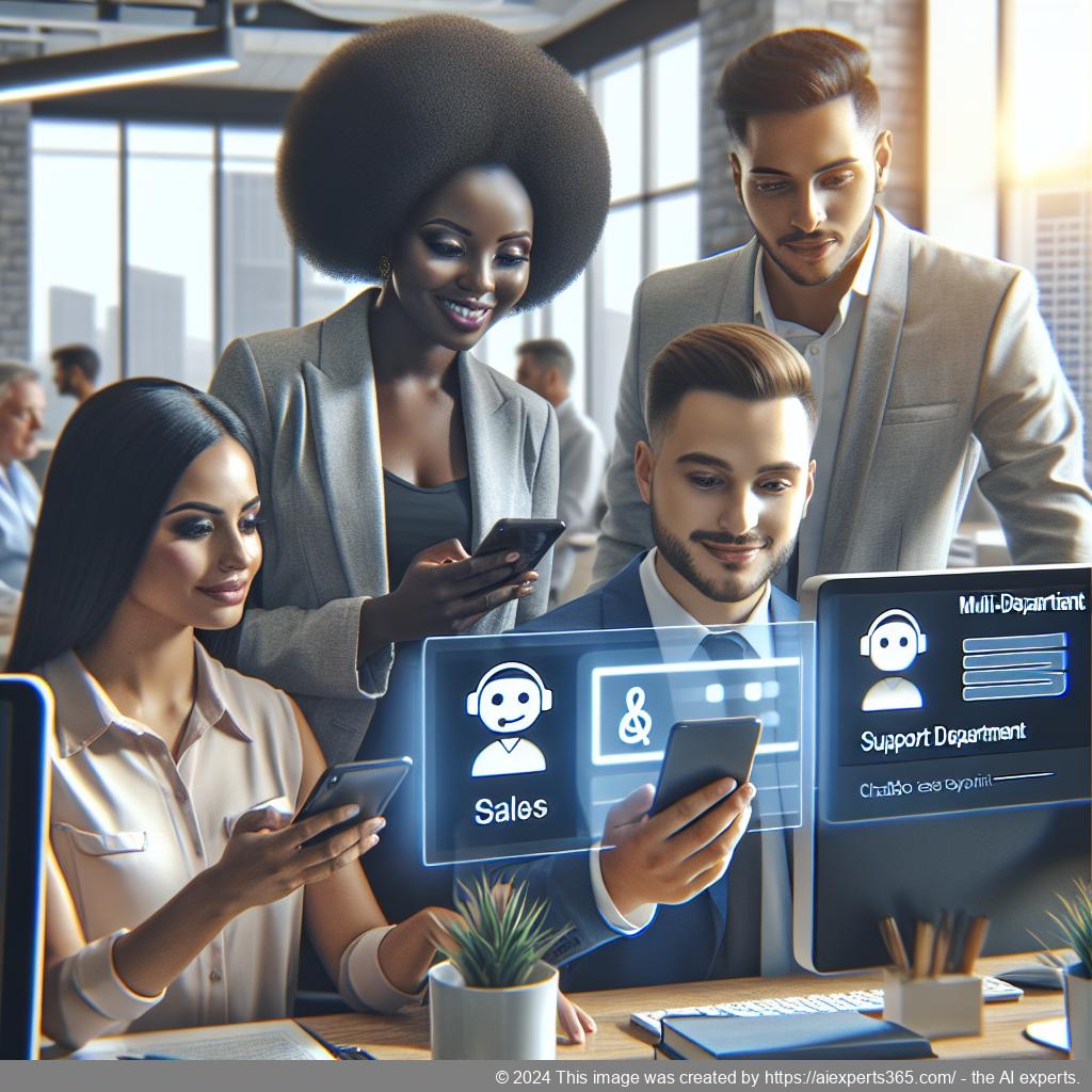 A visual representation of a multi-department chatbot assisting various teams within a modern office environment.