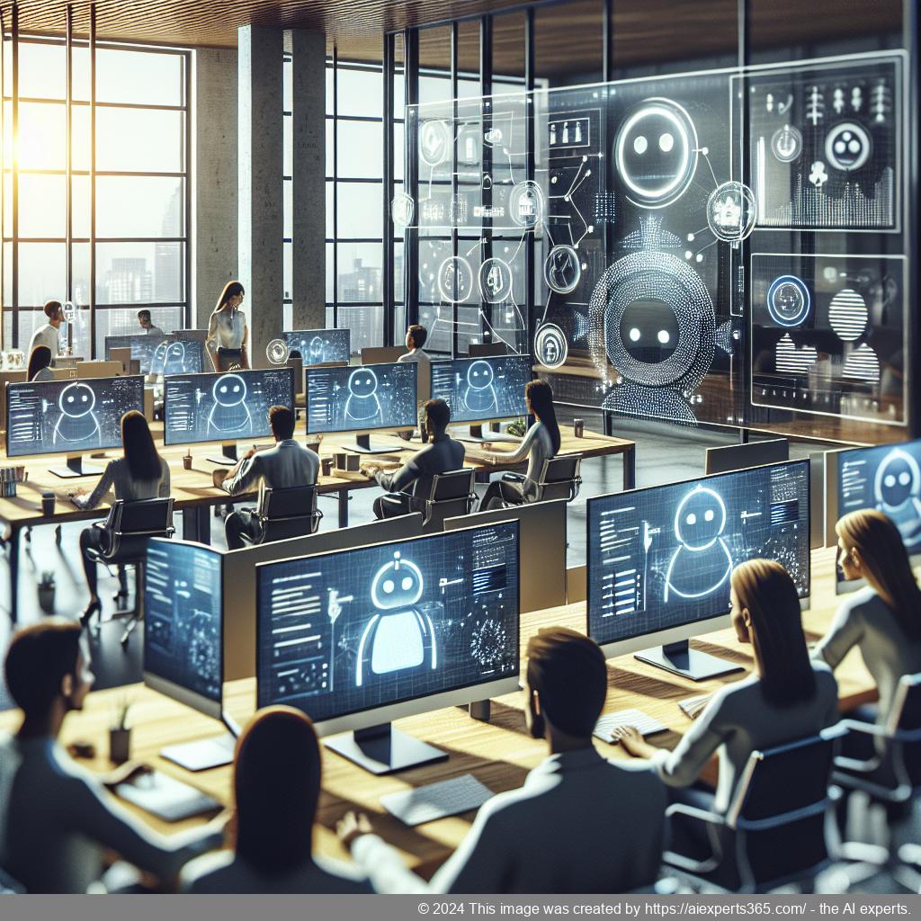 A professional setting showcasing diverse employees collaborating around technology representing multi-department chatbots.