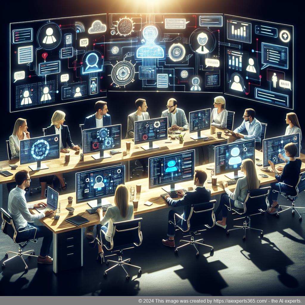 A professional setting showcasing diverse employees collaborating over technology solutions like a multi-department chatbot.