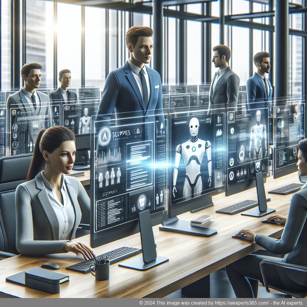 A visual representation of a multi-department chatbot interacting with users from different sectors like sales, support, marketing.