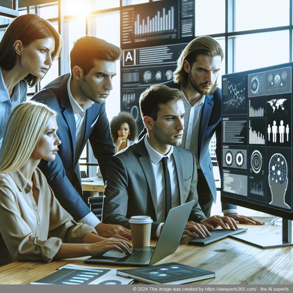 A professional team discussing strategies over a laptop featuring an AI-powered WordPress chat plugin interface.