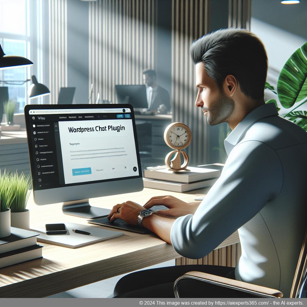 A professional setting showcasing a person interacting with a WordPress chat plugin interface on a laptop.