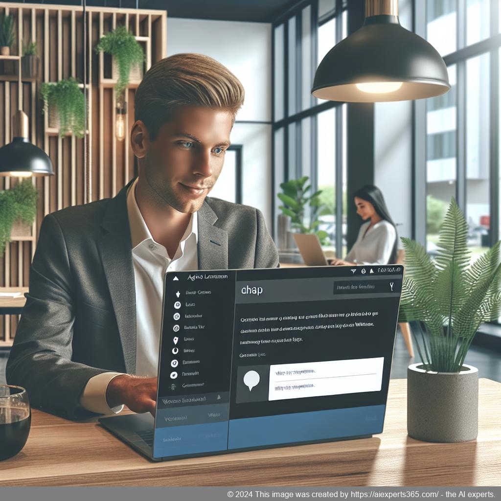A professional setting showcasing a person using a laptop with an open WordPress chat plugin interface for improved customer engagement.