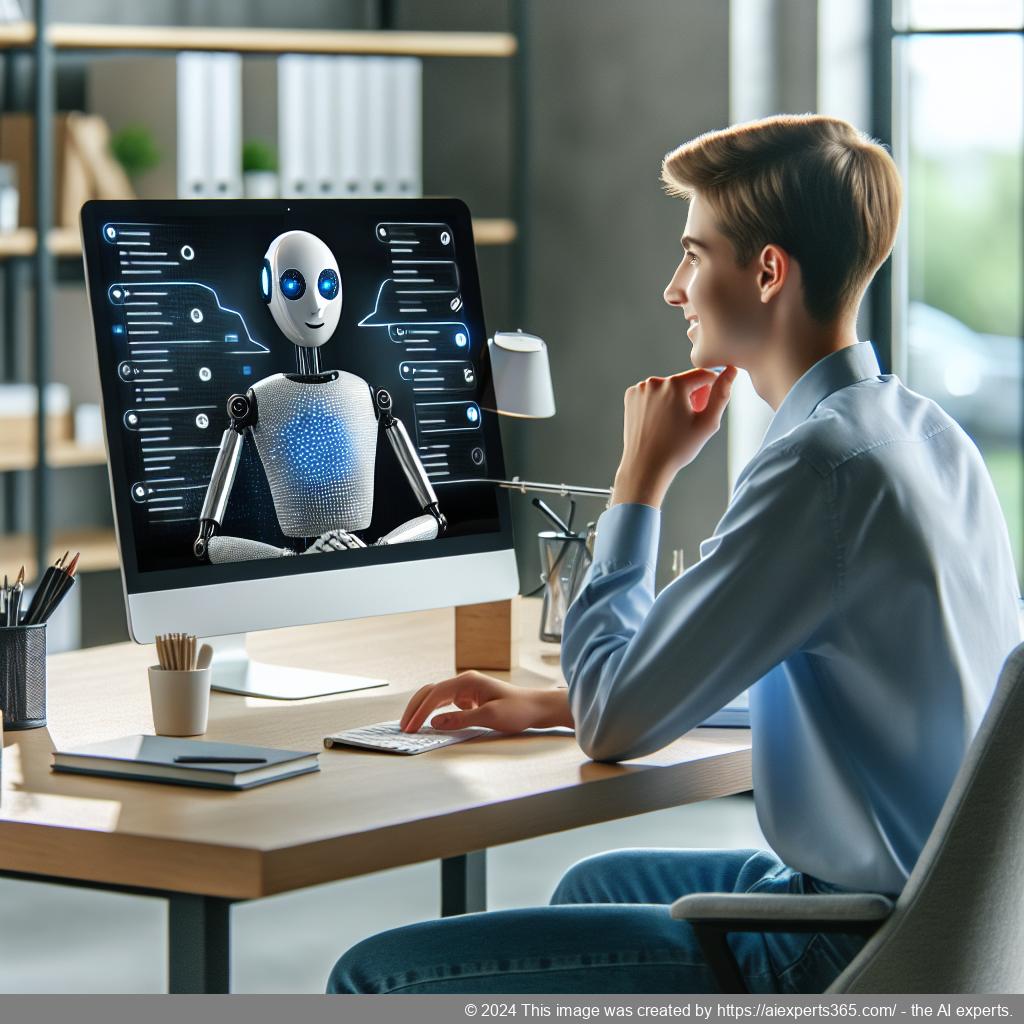 A professional setting showcasing a person interacting with a computer displaying a chat interface representing a WordPress chatbot.