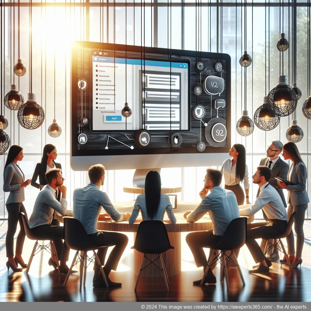 A professional team discussing strategies around a computer screen featuring a WordPress chat plugin interface.