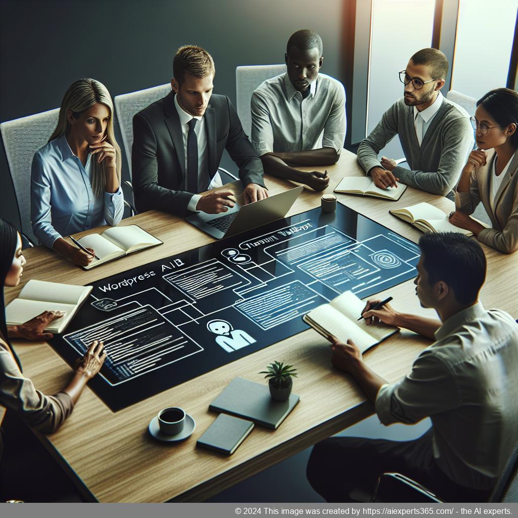 A professional setting showcasing a diverse team discussing strategies around implementing the best WordPress AI chatbot.