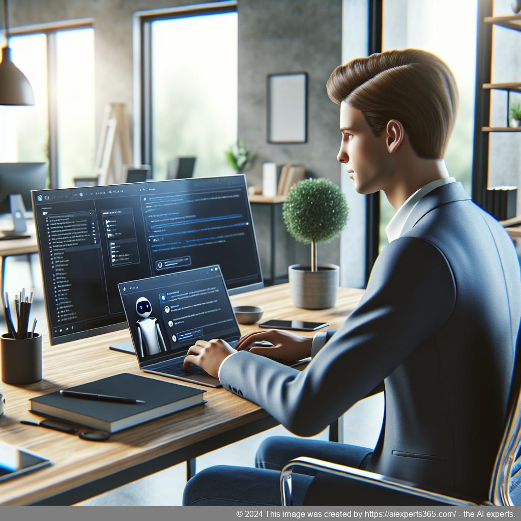 An illustration showcasing a user interacting with a modern AI chatbot interface on a laptop screen.